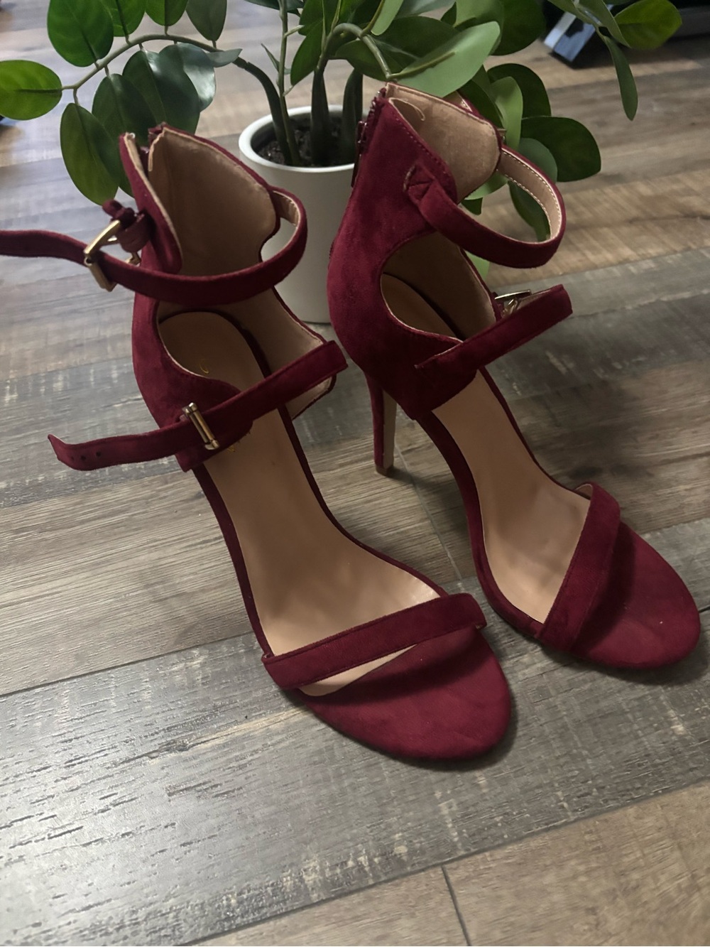 Women's Suede Ankle-Strap High Heel Sandals - Burgundy